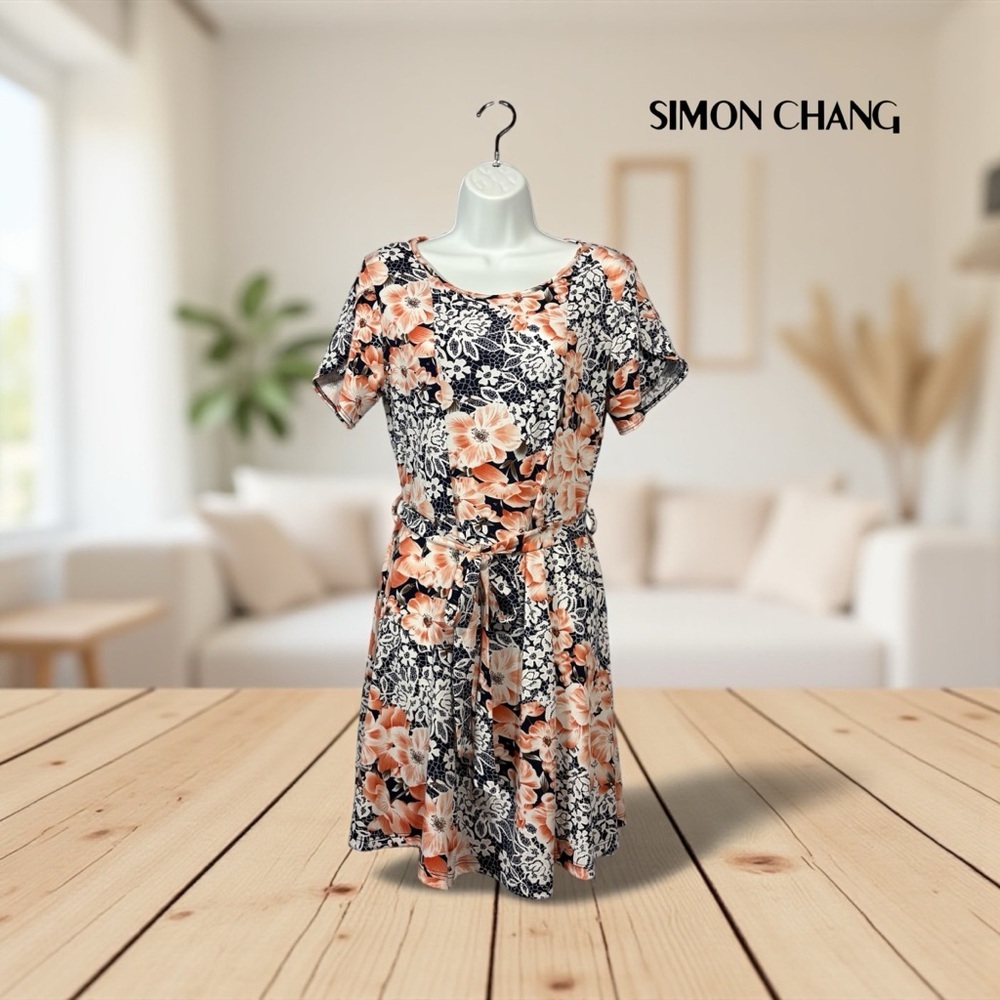 NEW, Simon Chang, Belted Floral Dress, Medium, Navy & Peach